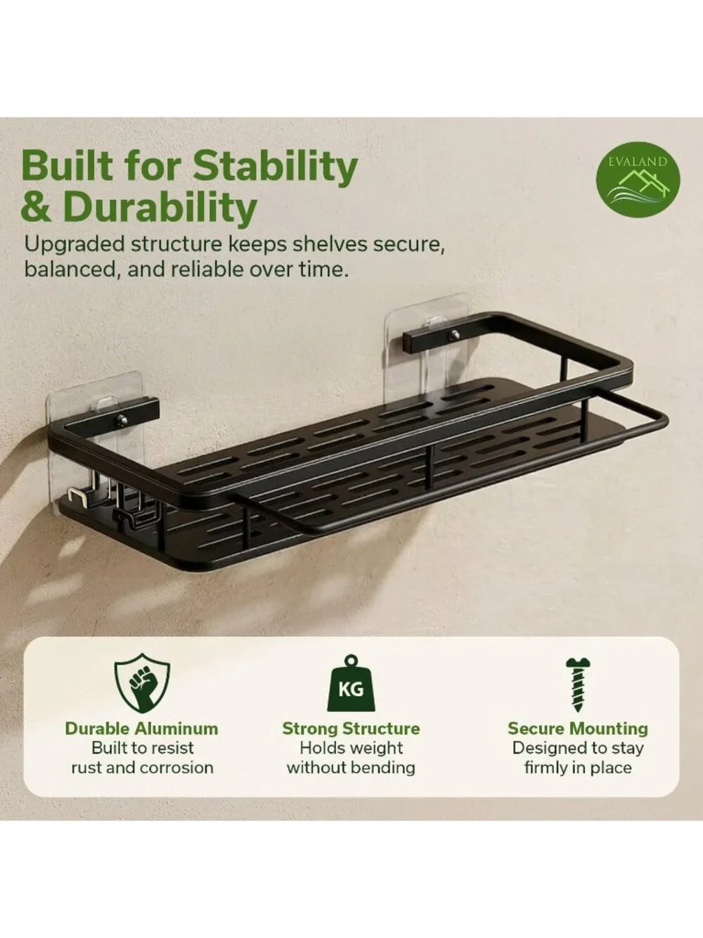 New 2-Pack Black Adhesive Shower Caddy Shelves Hooks Towel Rod Rustproof